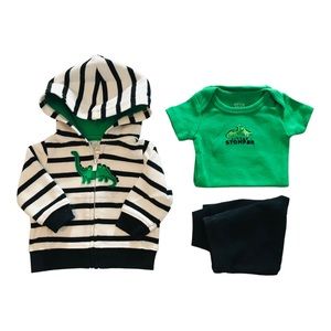 Carter’s Newborn 3-piece Dino Jacket set. Black & green, white.